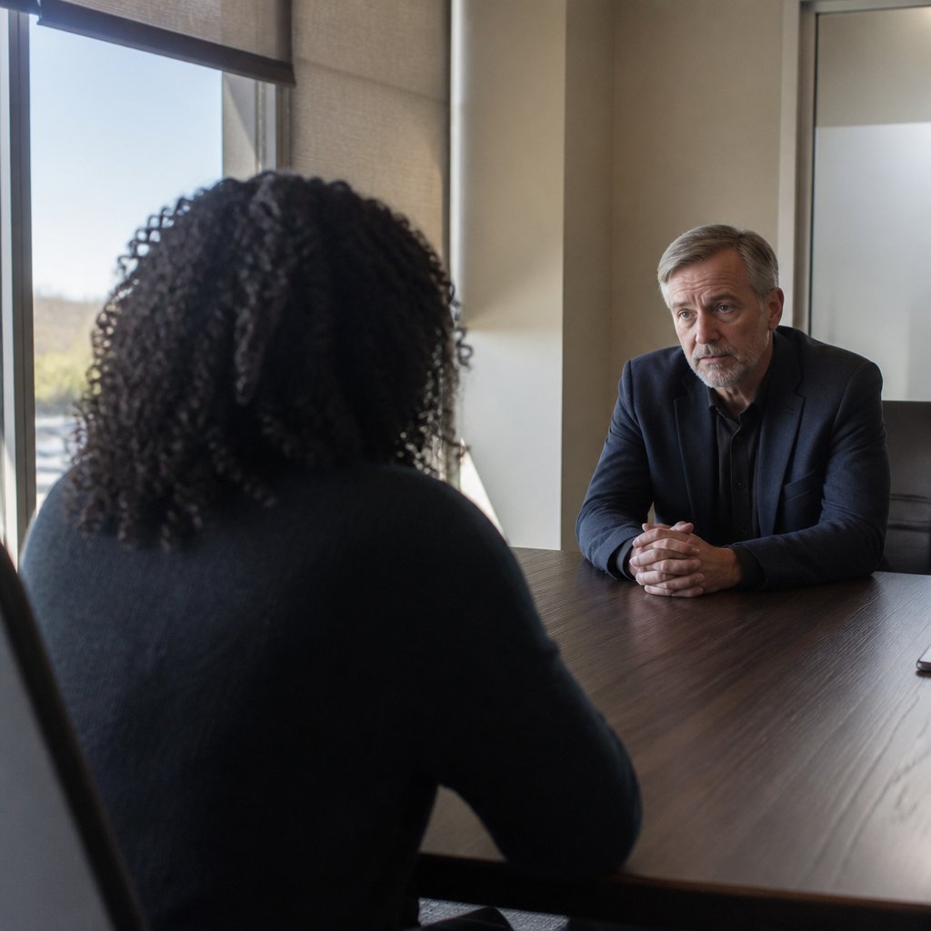 Woman in office meeting looking down as manager talks seriously across the table.