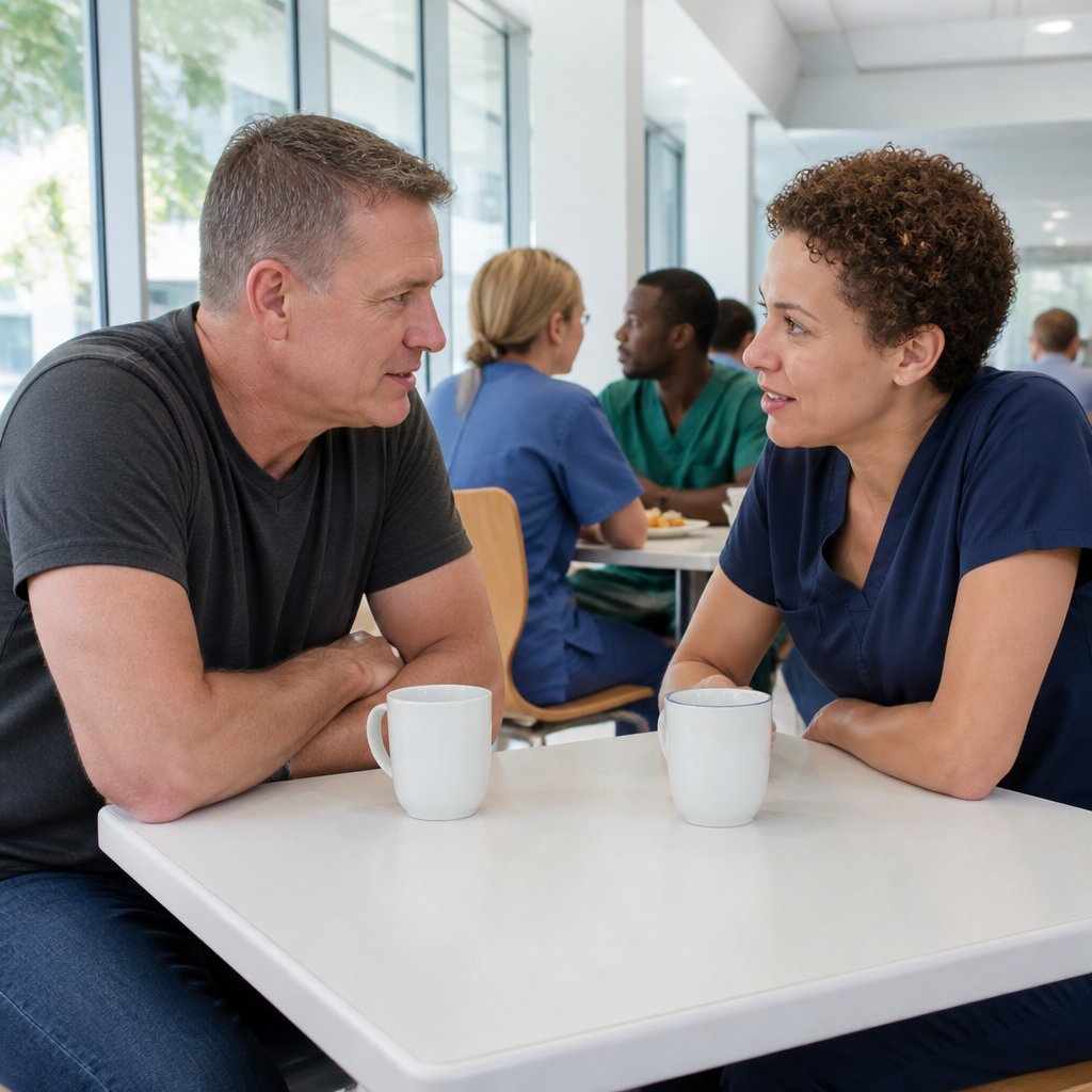 Nurse and travel colleague discuss surgeon’s pattern of errors in hospital cafeteria.