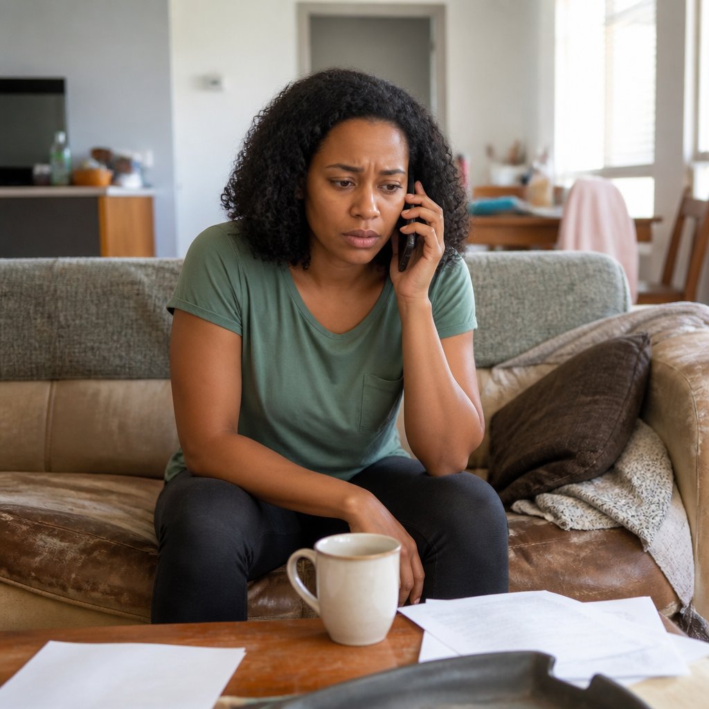 Woman sitting on sofa on phone, tense expression during adjuster’s call.