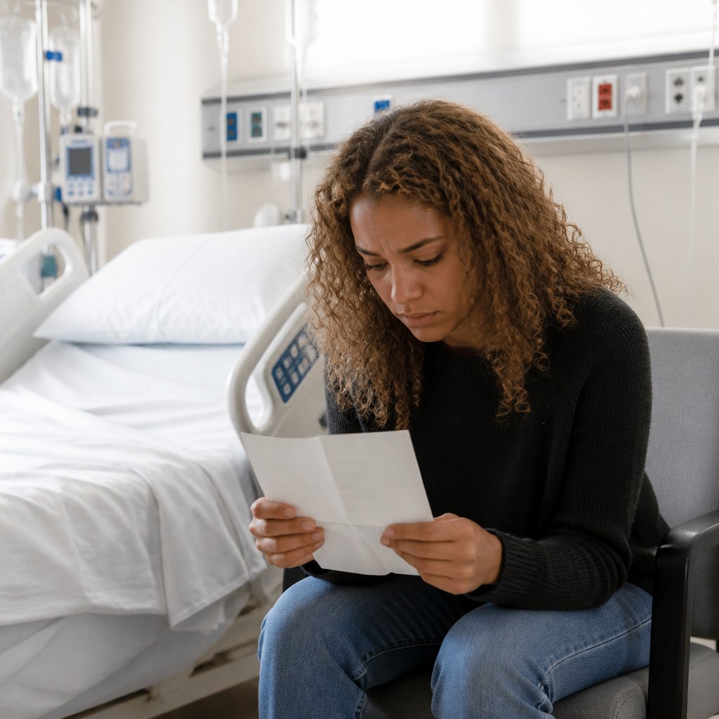 Woman grieving beside empty ICU bed holding death certificate.