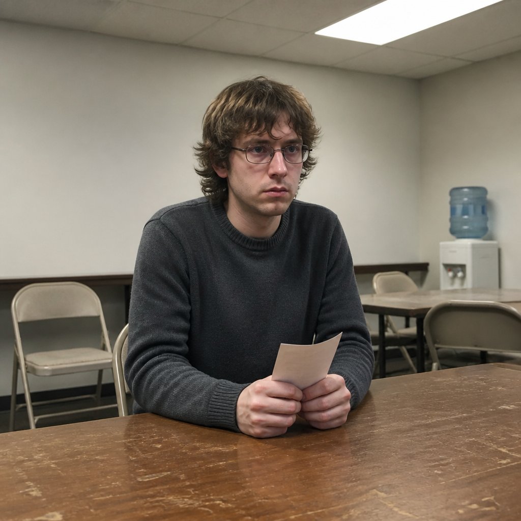 Man sitting alone in conference room holding letter tightly