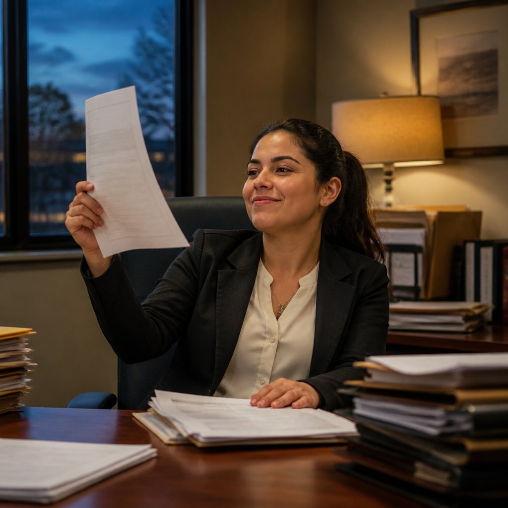 Lawyer reviewing OSHA inspection documents with a satisfied gotcha expression