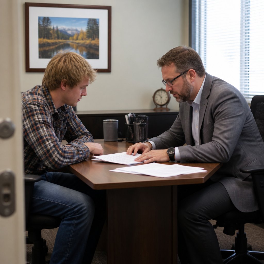 Young man consulting insurance adjuster in office, papers on table.