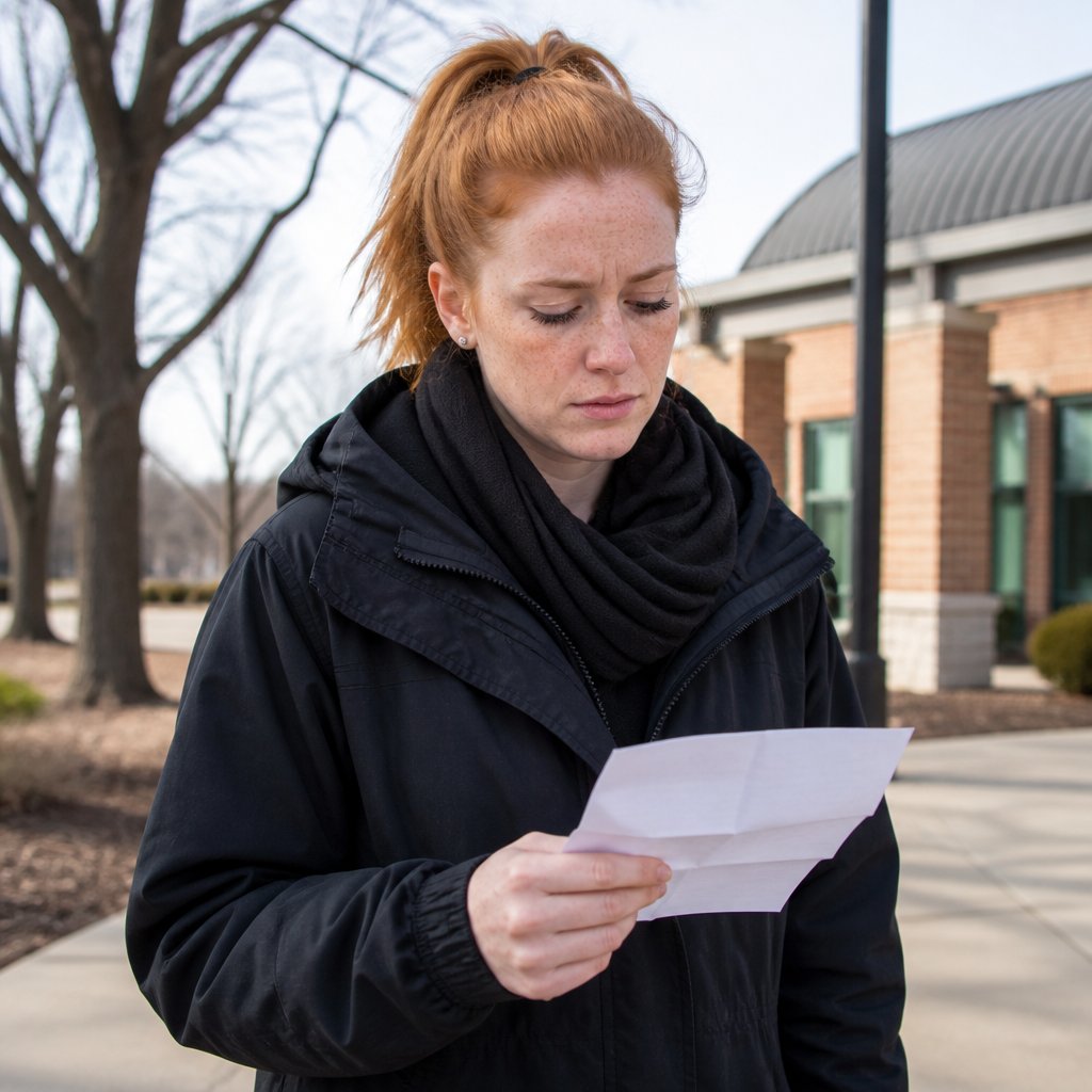 Woman holding death certificate outside community center with a somber expression.