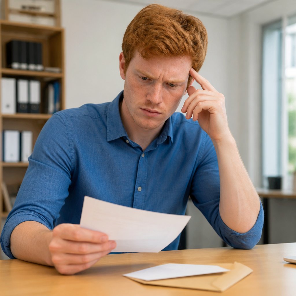 Young red-haired white man at desk looking frustrated reading an evasive response letter.