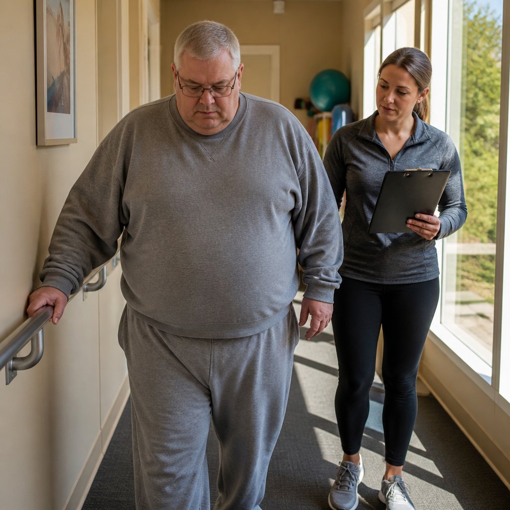 Man carefully walking in therapy session, therapist observes closely; hallway with handrails.