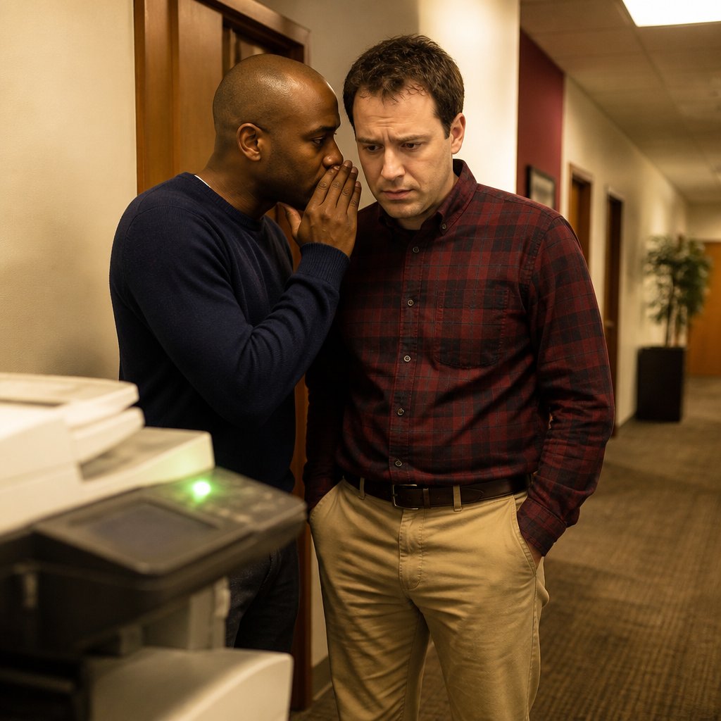 Two coworkers talking quietly near copier, one whispering to the other.