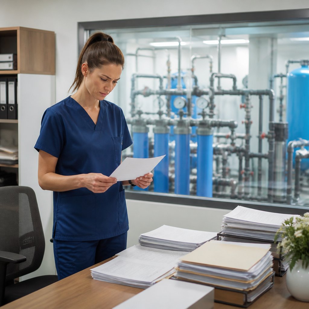 Nurse reviewing water audit report in office overlooking water treatment control room