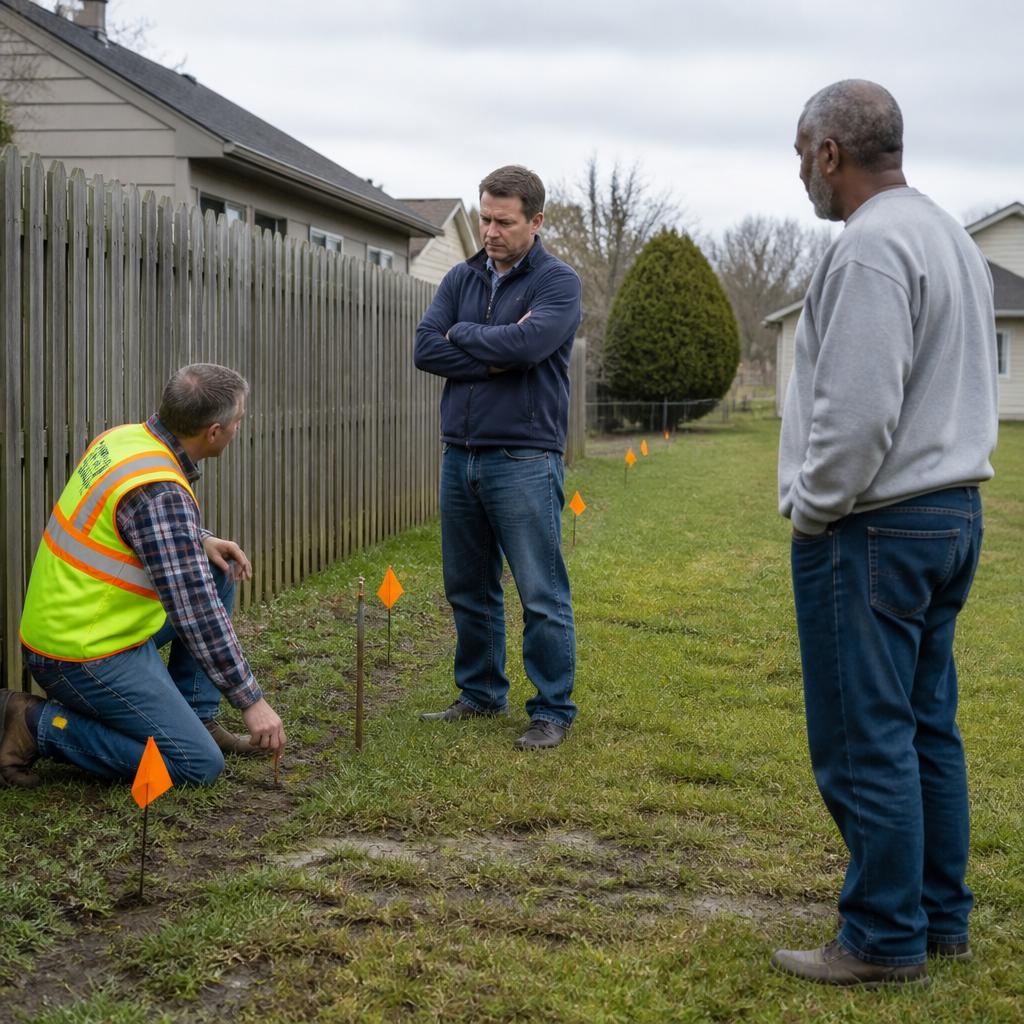 Surveyor staking property line while neighbor looks unconvinced and another man observes nearby.