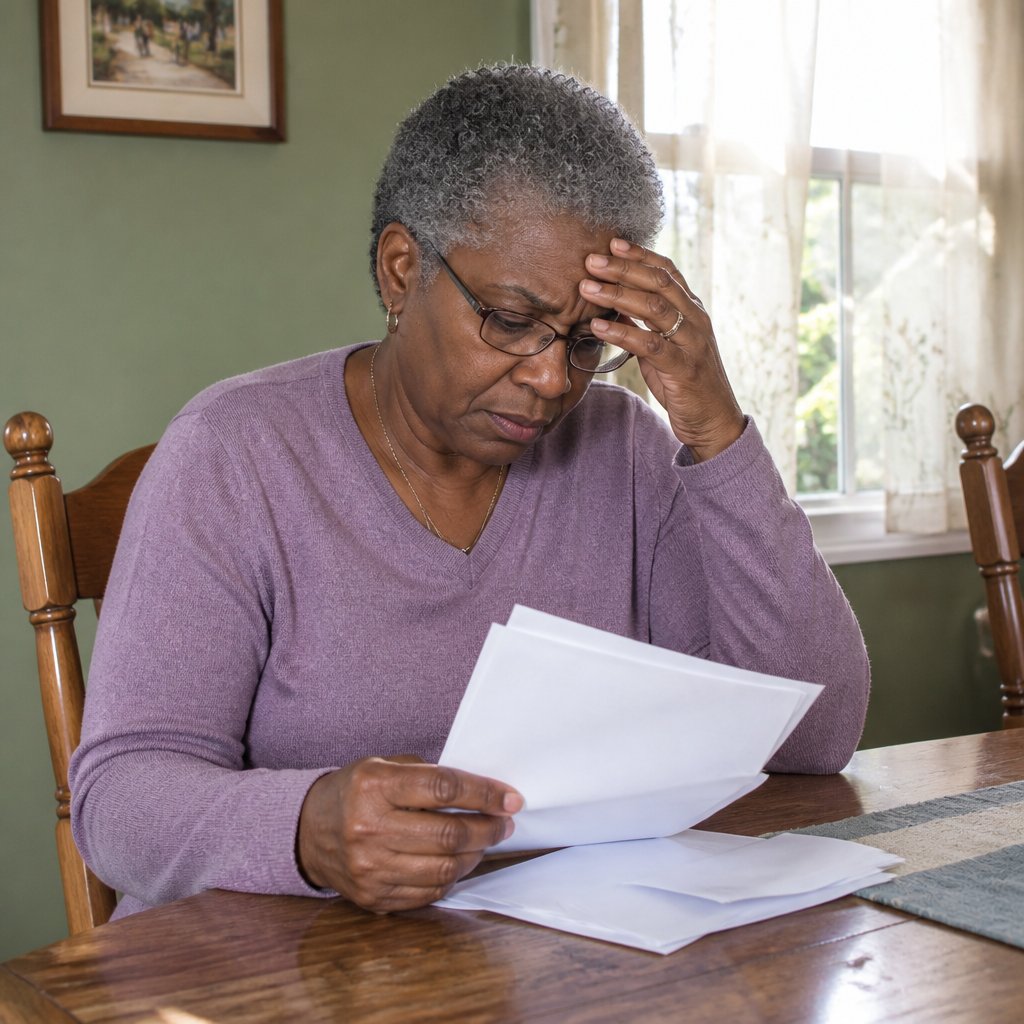 Woman sitting at dining table worried over health insurance letters.