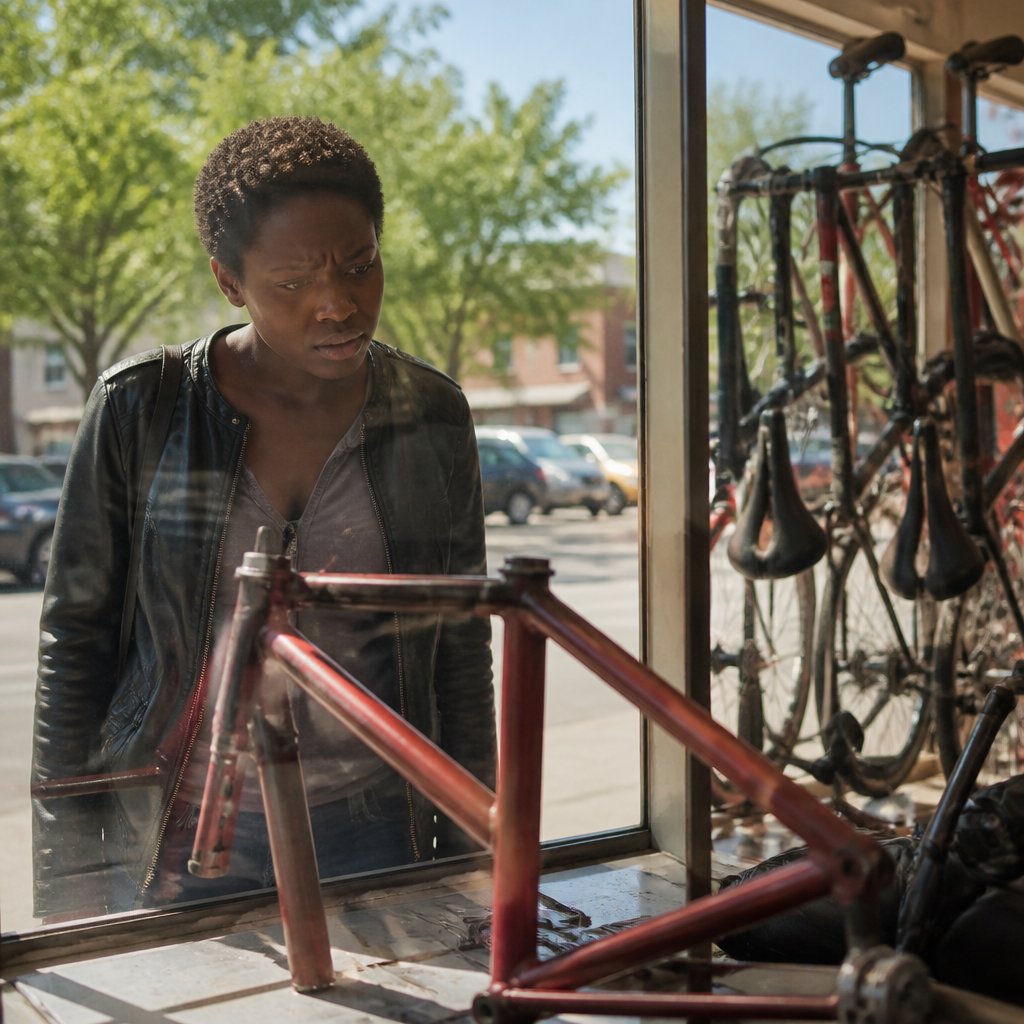 Woman staring at her bike without the fork through the pawn shop window.