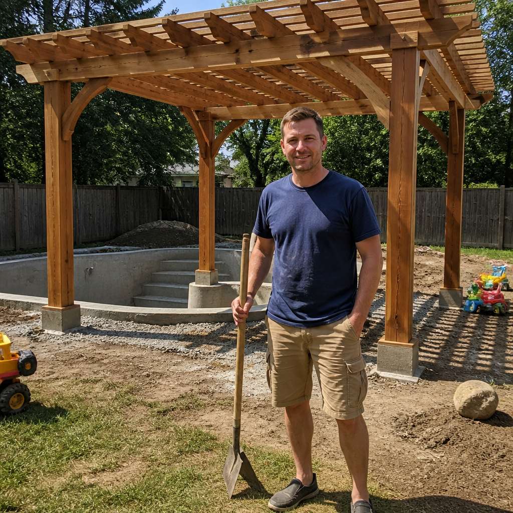 Large cedar pergola built close to the edge of an unfinished pool in a suburban backyard