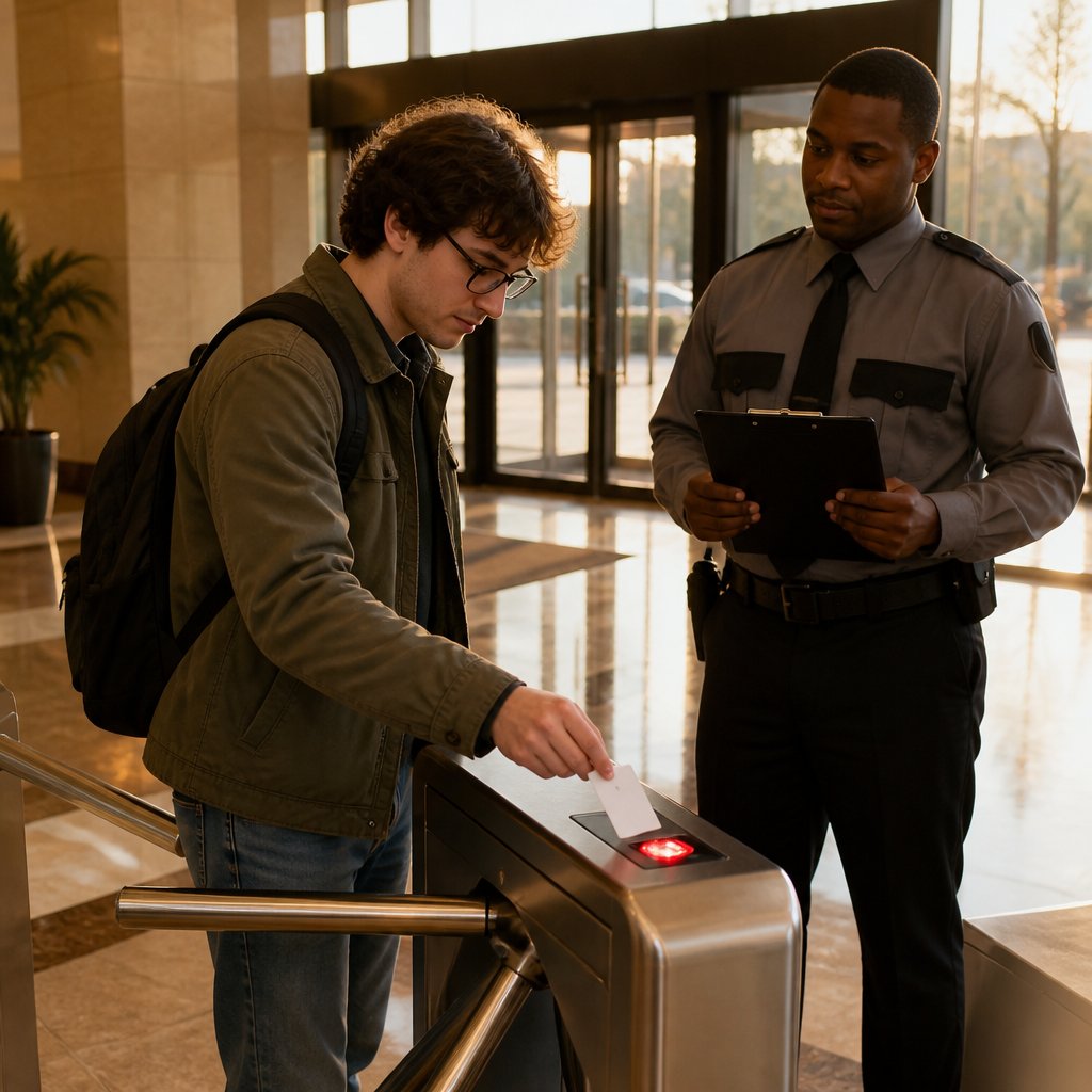 Man swiping badge at turnstile watched by security guard, red light flashing.