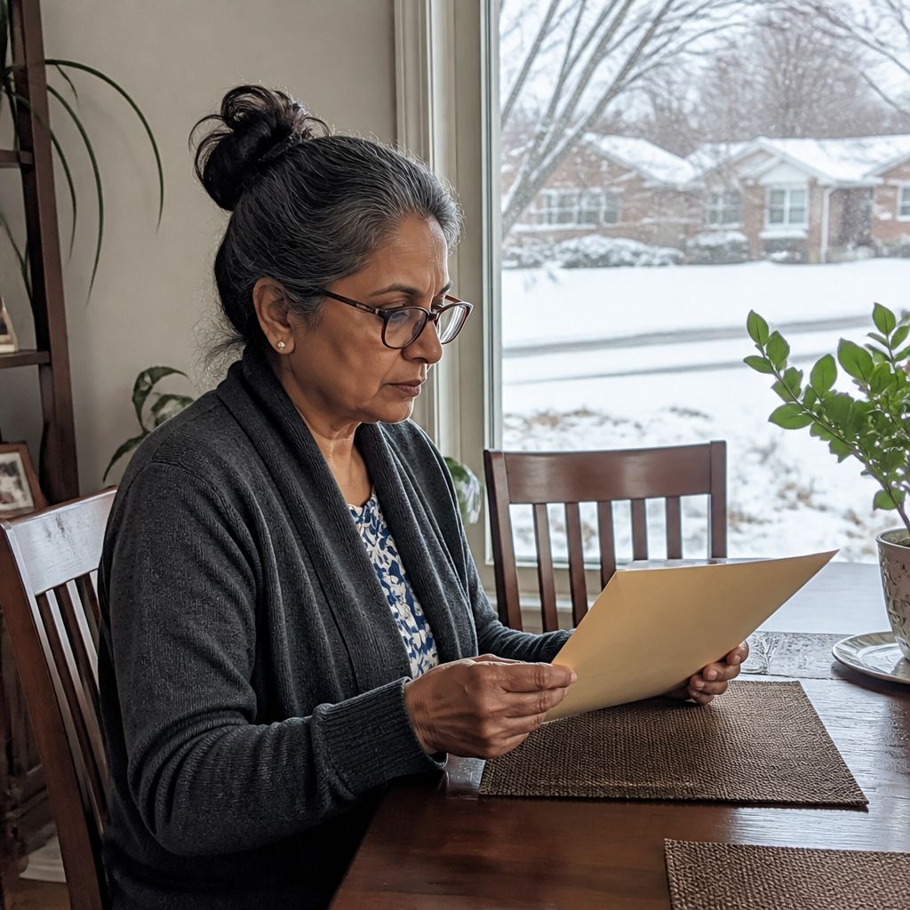 Woman reading a formal letter at home with a concerned look in winter