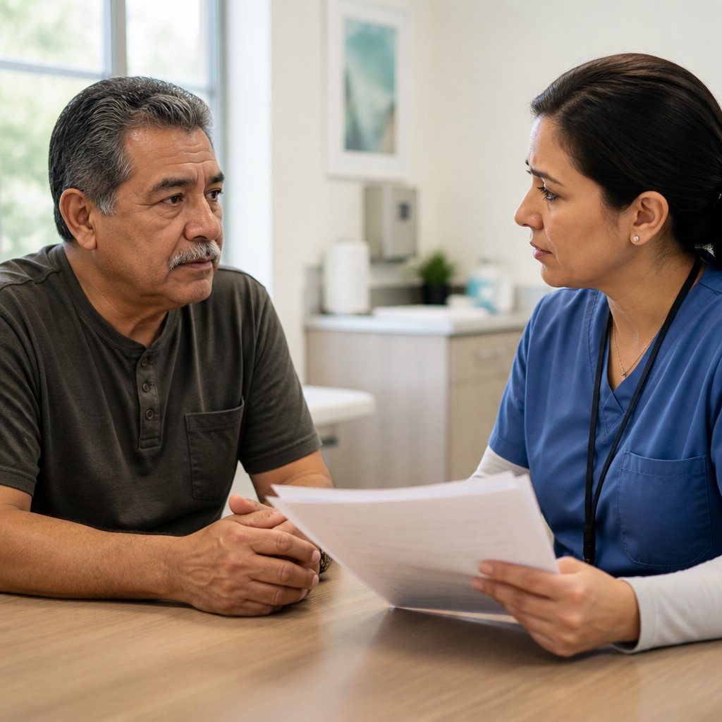 Latino patient and transplant nurse discussing lab results in clinic room.
