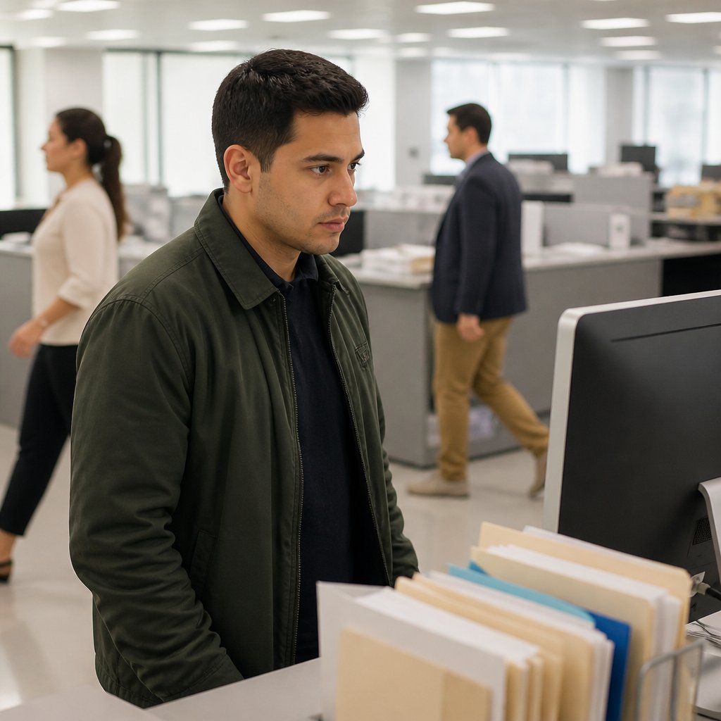 Young Latino man excluded from vaccine monitoring system in clinical admin office.