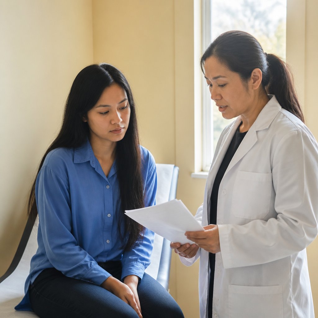 East Asian woman listens as doctor hints infection may come from contaminated product.