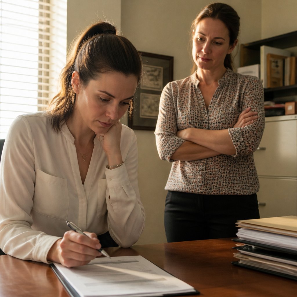 Close-up of an employee hesitating to initial a pressured document while being watched by HR.