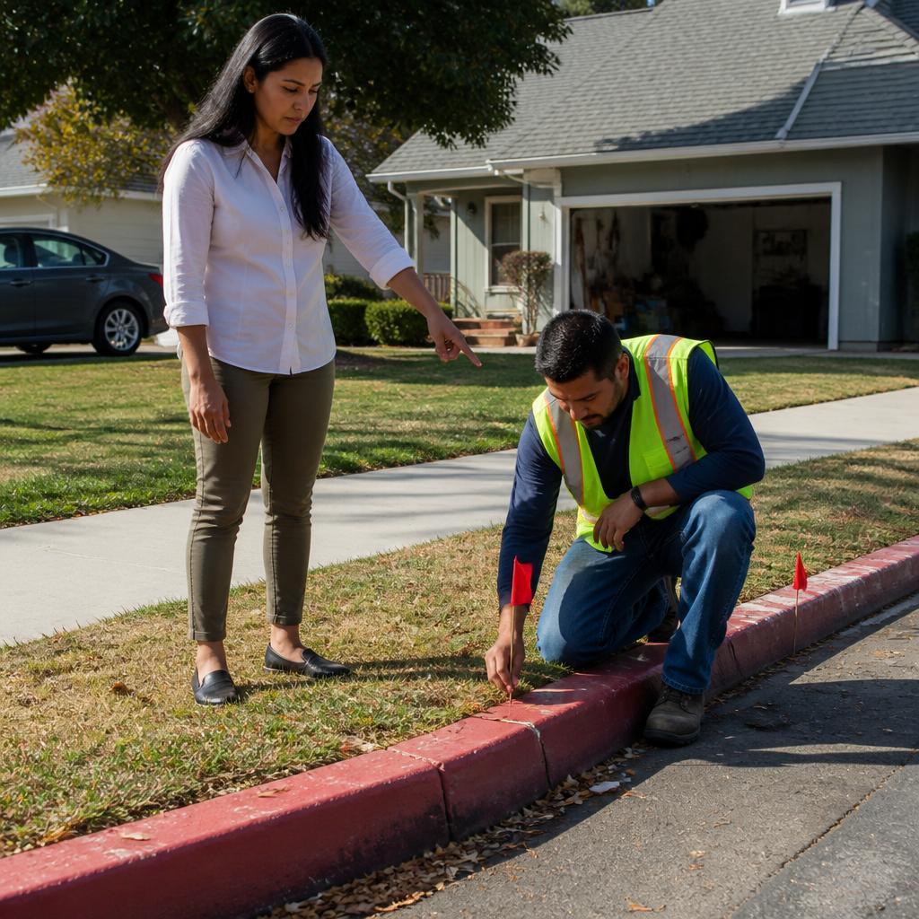 Woman observing surveyor placing flags along red curb that extends beyond property lines.
