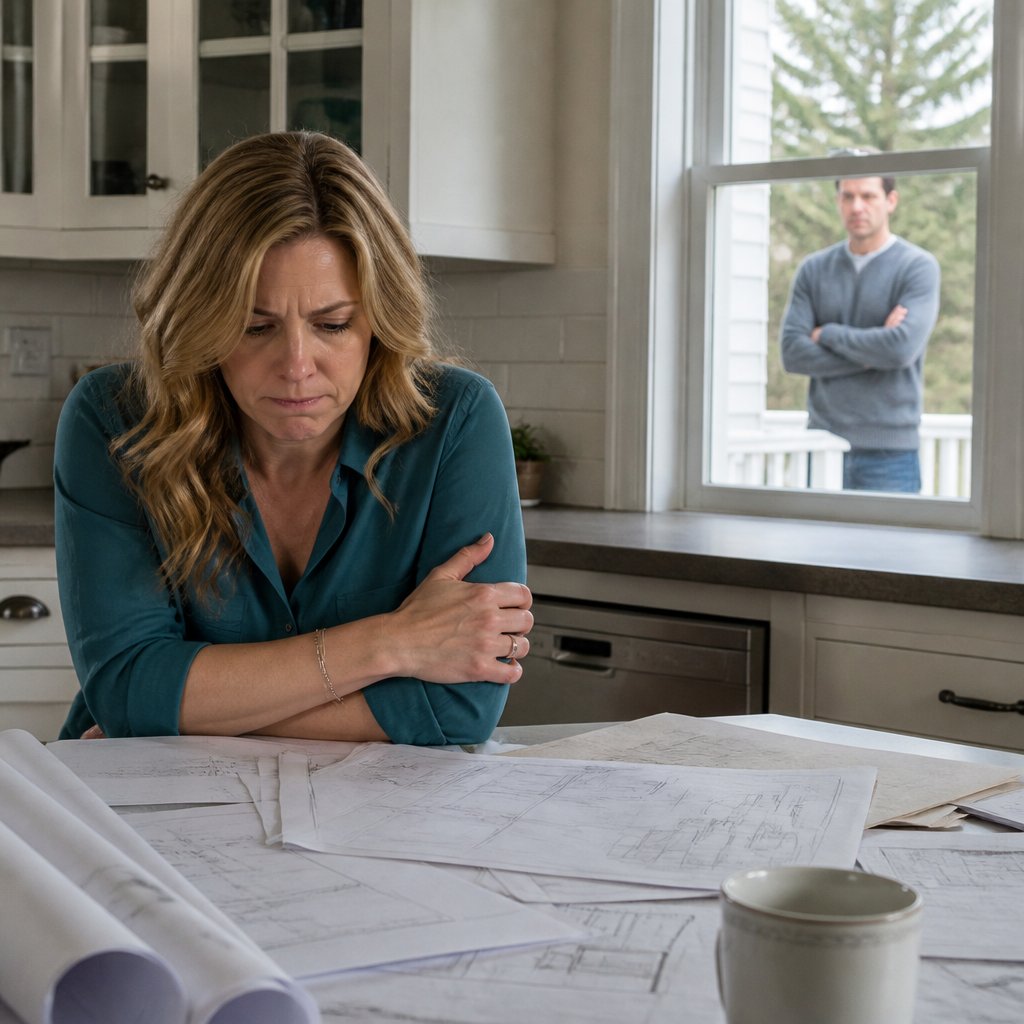 Homeowner reviewing blueprints under city conditions while neighbor watches from outside.