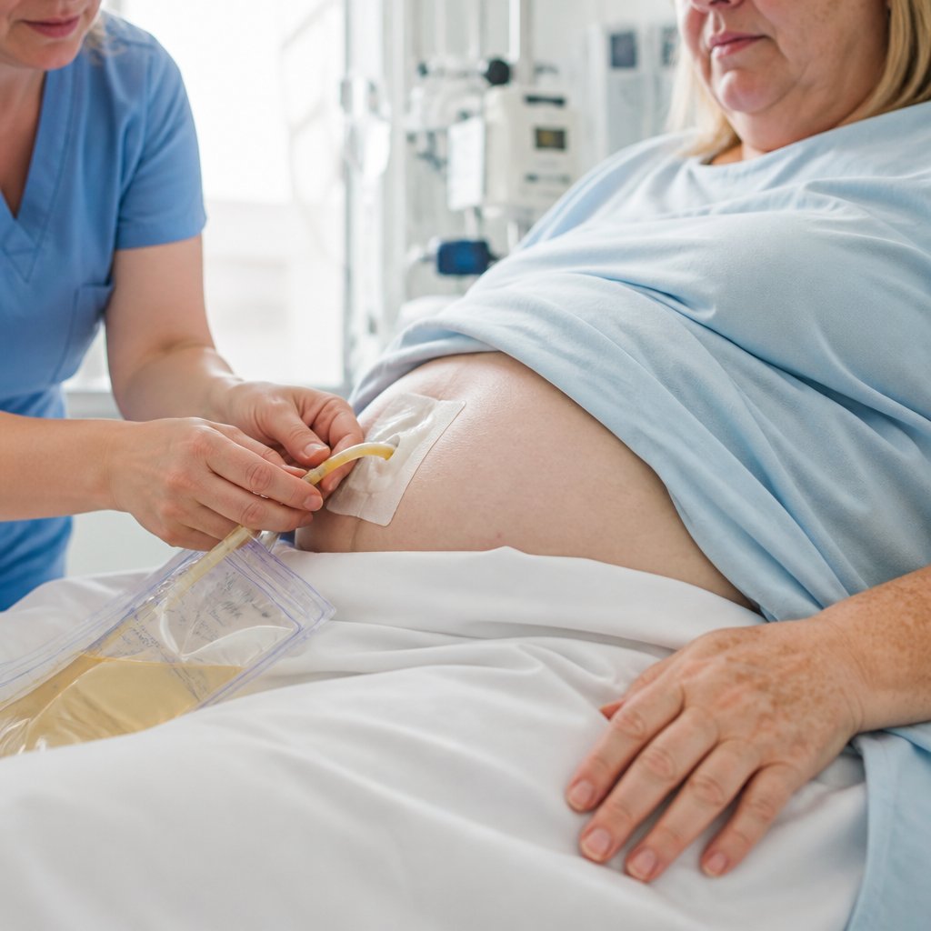 Postpartum woman with urinary catheter placed, nurse adjusting tubing nearby.