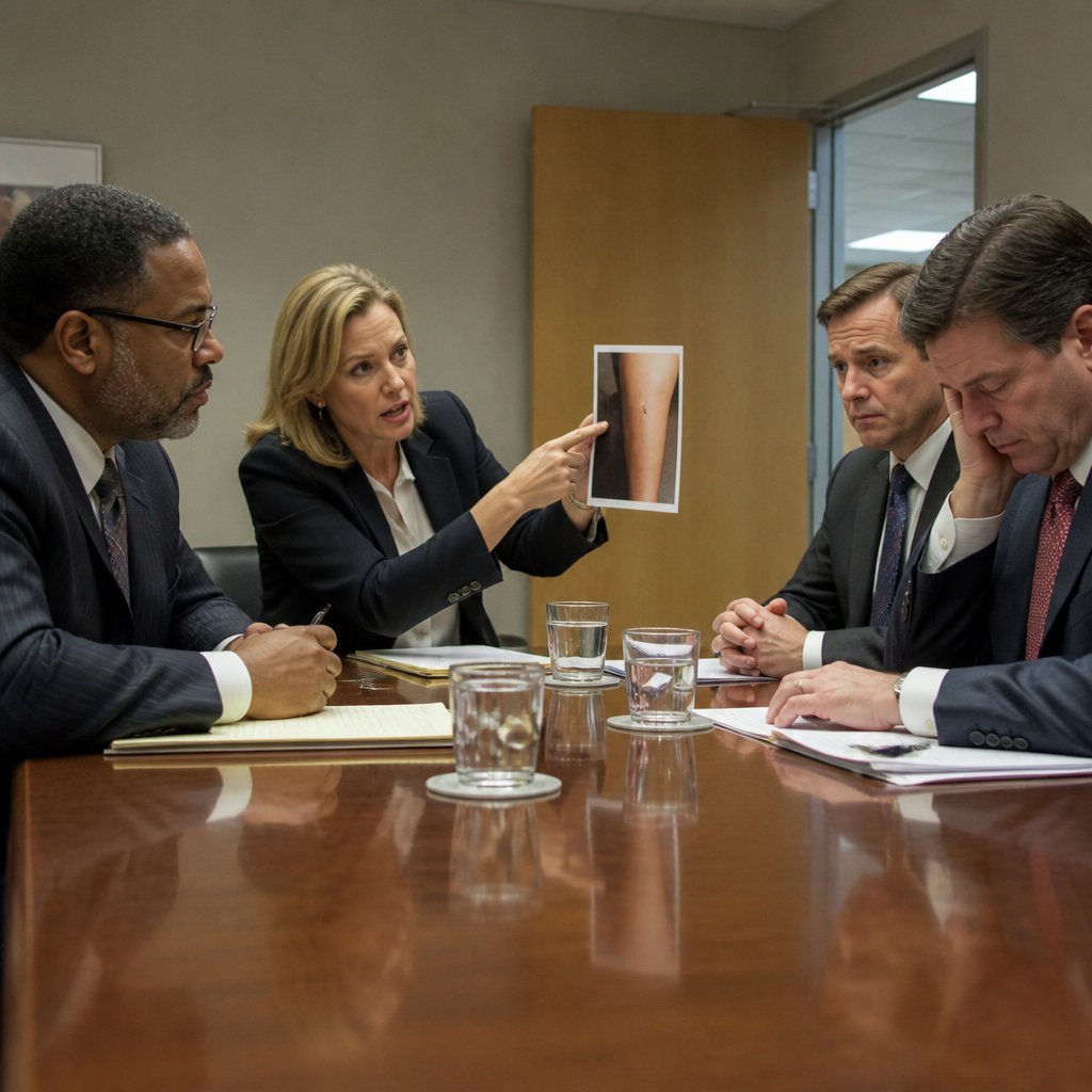 Plaintiff attorney holding up photo of marked leg while defense lawyers look uncomfortable