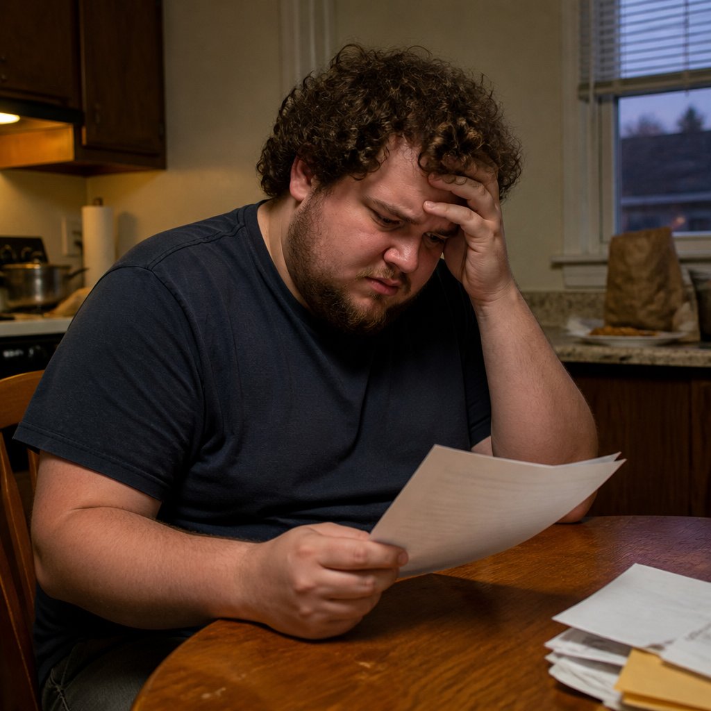 Man staring at legal bill at his kitchen table with expression of pure regret