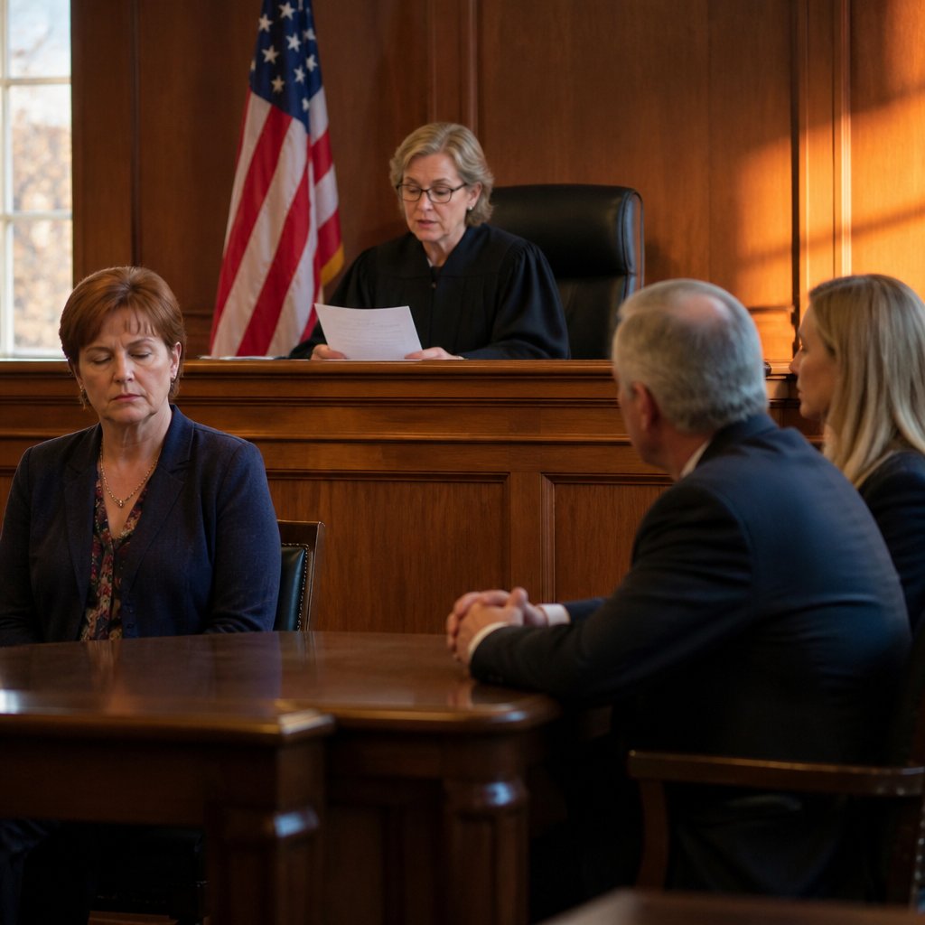 Judge ruling against plaintiff who closes her eyes while defendant's side sits calmly