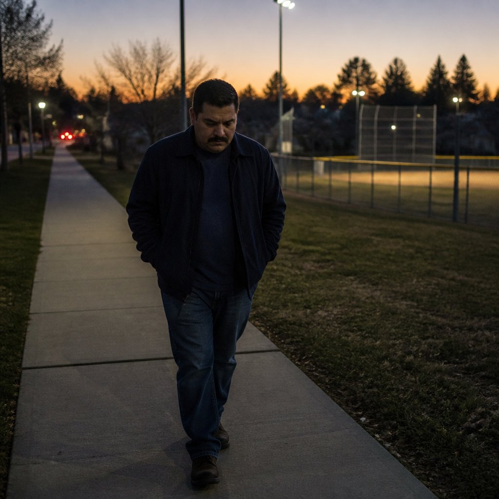 Man walking alone past an empty softball field at sunset looking weighed down by regret