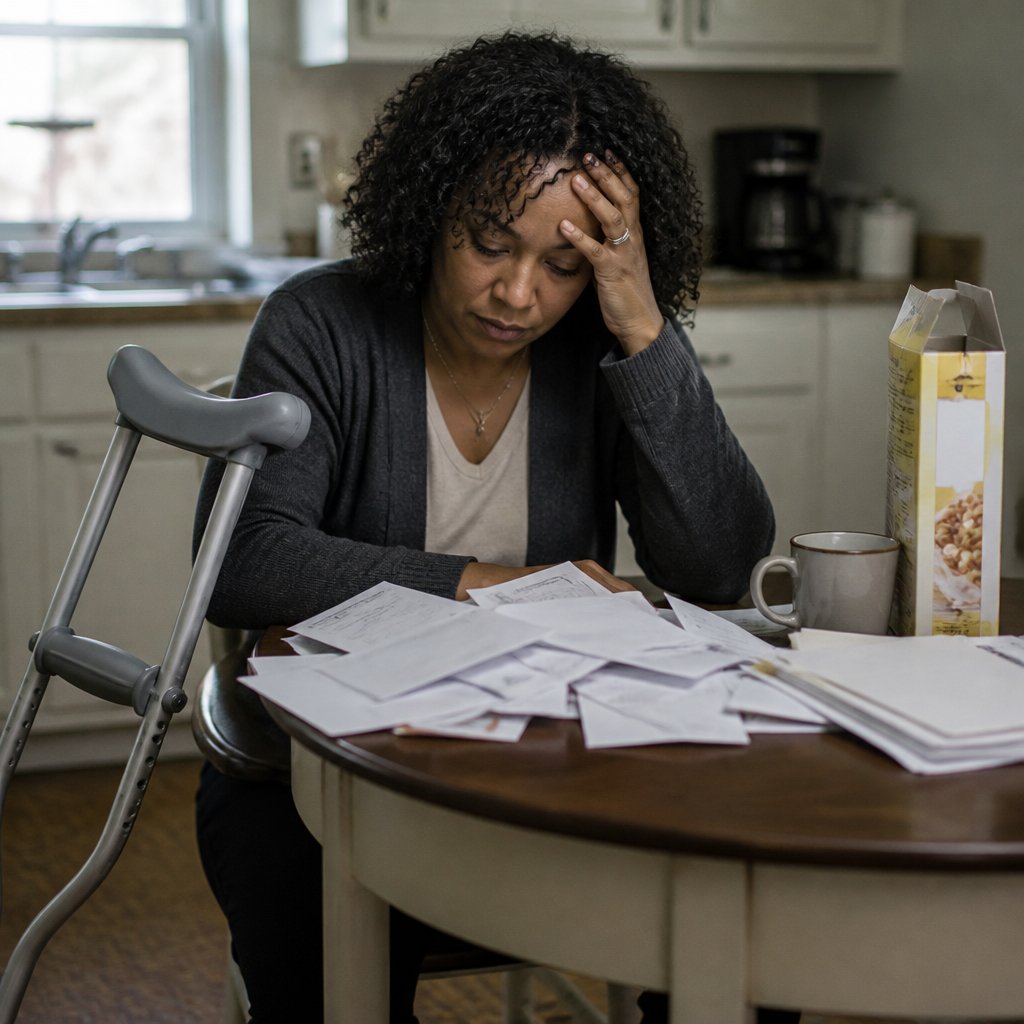 Woman at kitchen table surrounded by medical bills, crutches leaning against the table