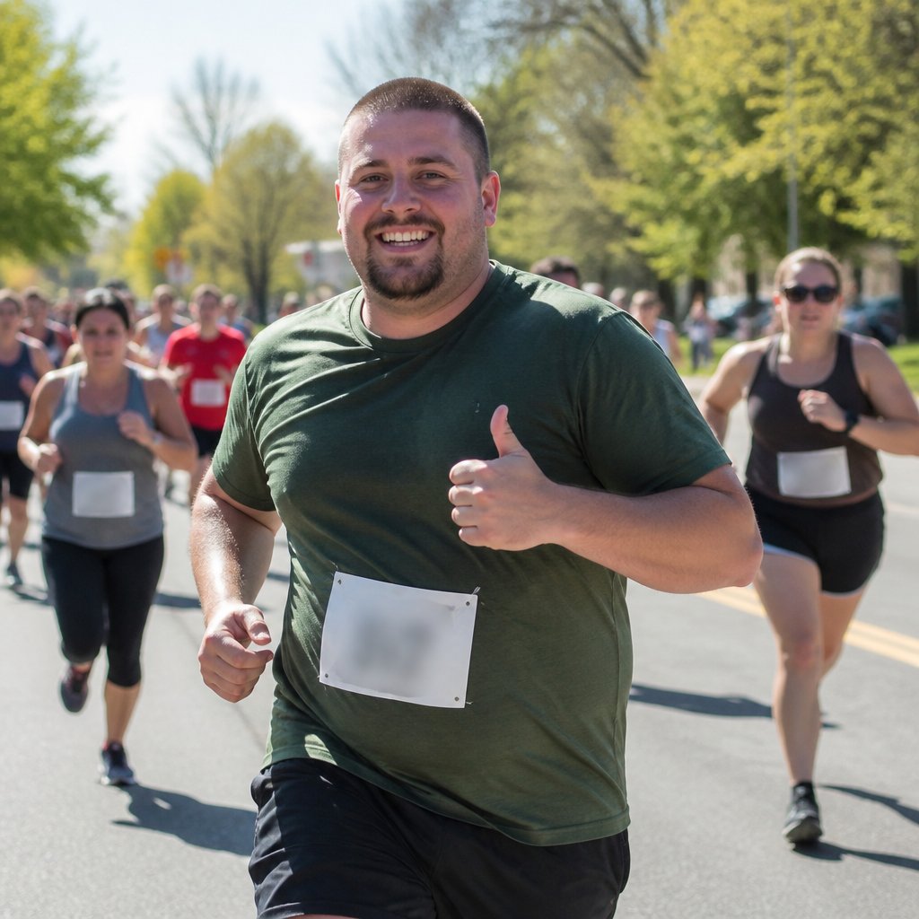 Man running happily in a 5K race looking completely healthy
