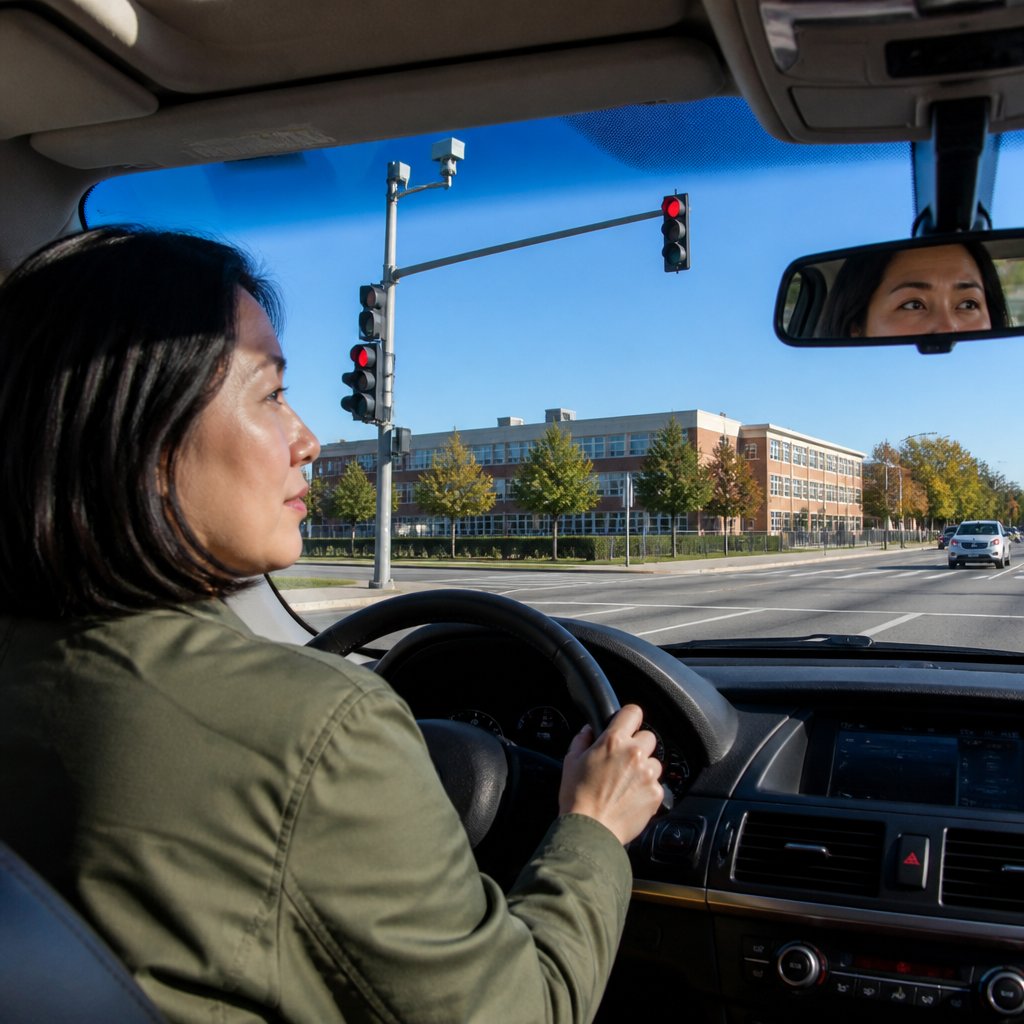 Woman driving carefully through the intersection on a sunny morning, traffic camera on the light