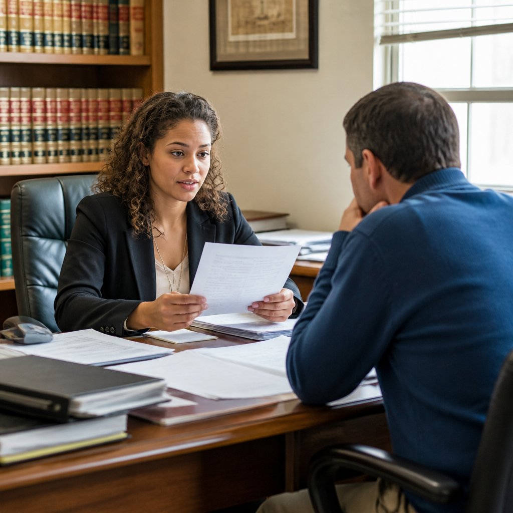 Lawyer and client discussing preservation letters in a serious office setting.