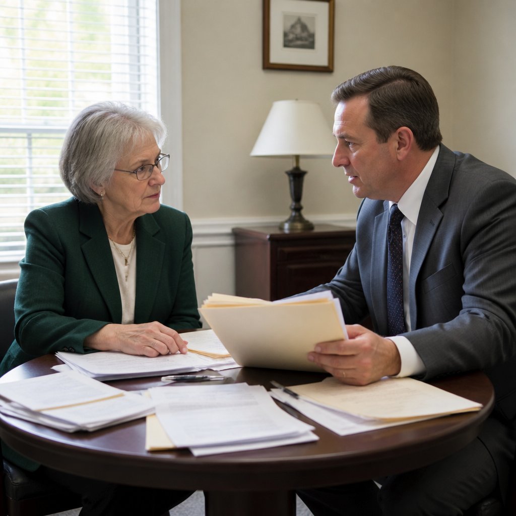 Lawyer and client discussing case in small office, tension visible on both faces.