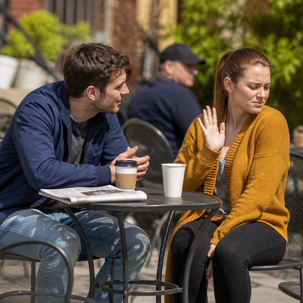Group of people outside café, one avoiding conversation, tense expressions.