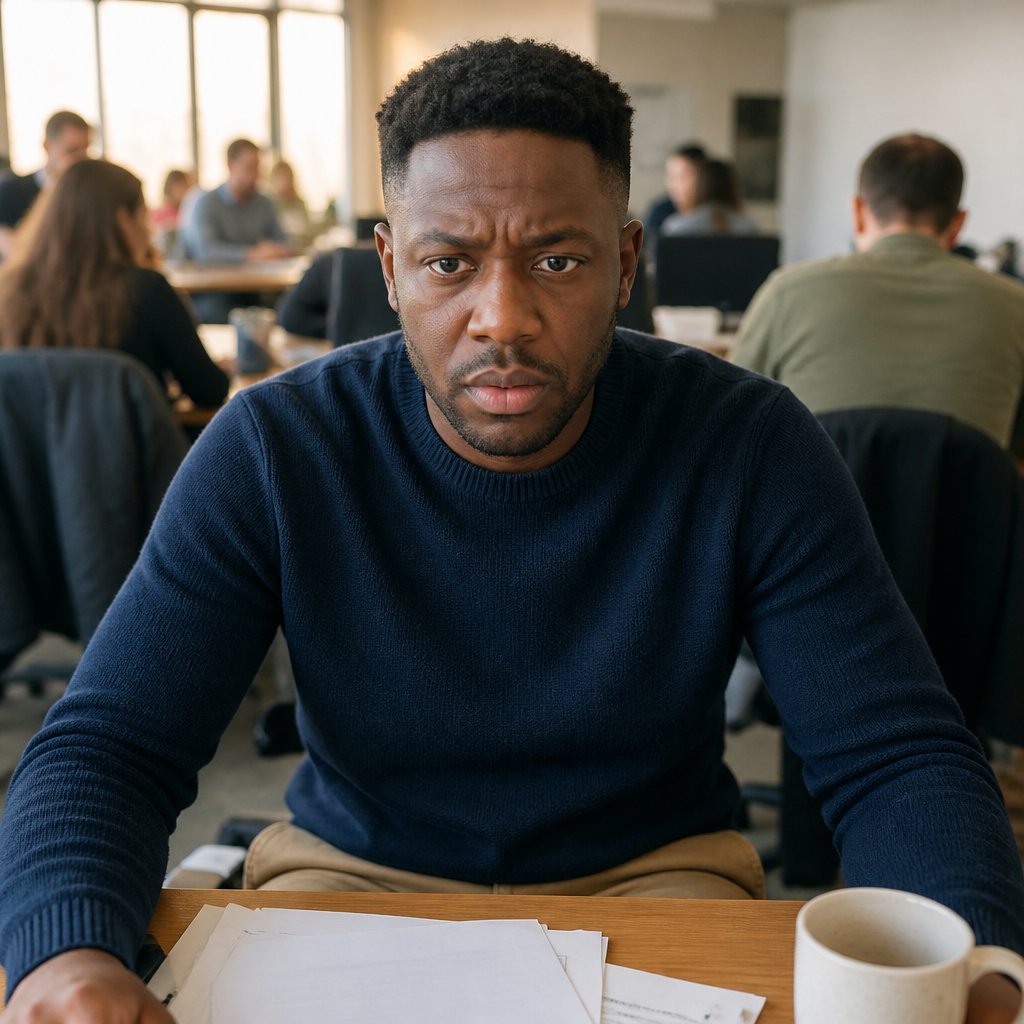 Man sits at an office desk looking nervously at his webcam, surrounded by coworkers in an open-plan workspace.