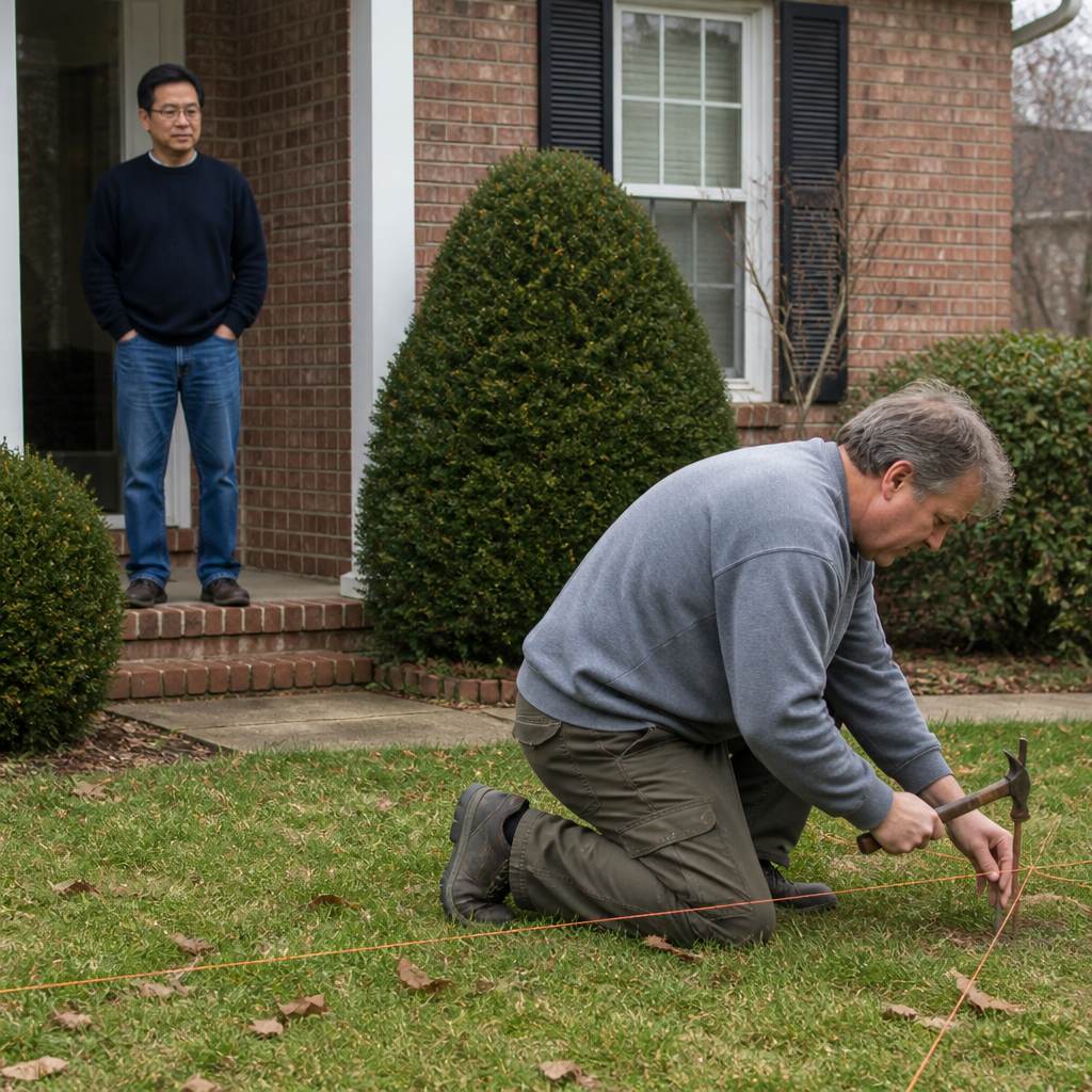 Man watches neighbor stake and string disputed fence line from porch