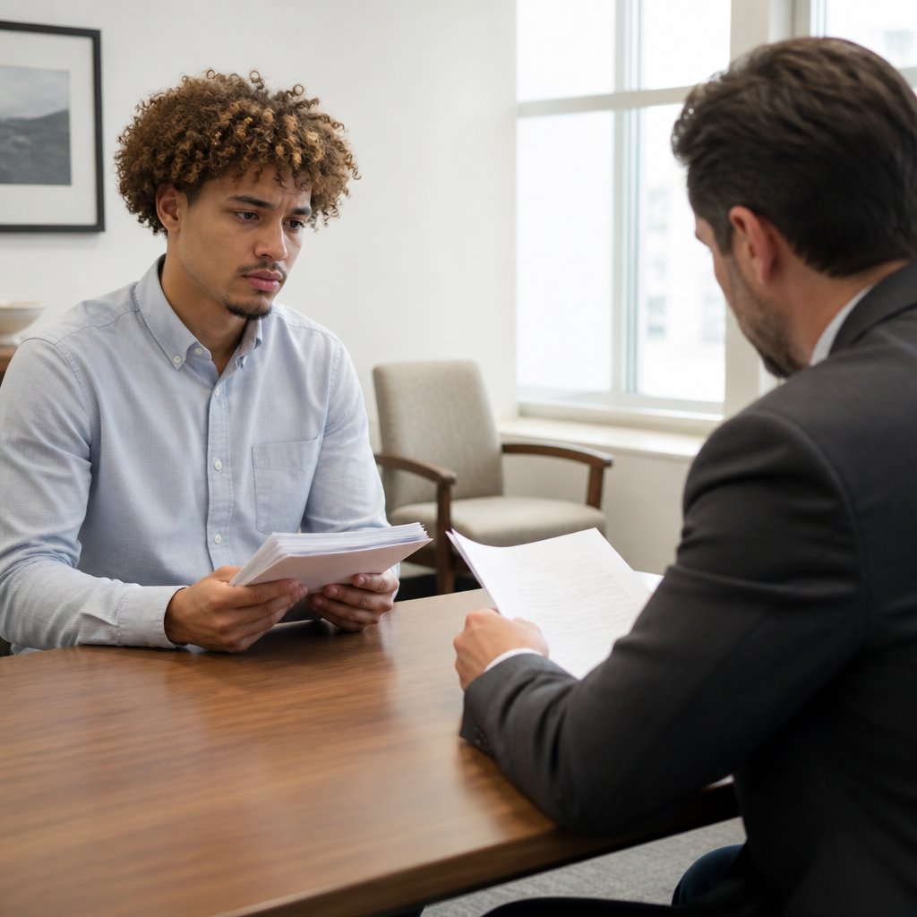 Worried young man meeting with hospital lawyer over a lawsuit in a clinical legal office.