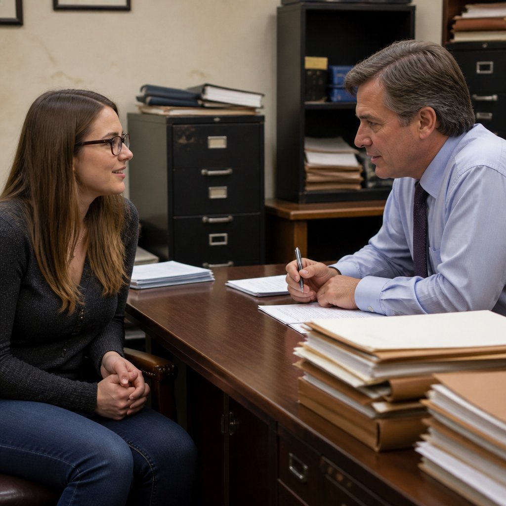 Woman meeting with a lawyer in a modest office, looking hopeful as he reviews her case