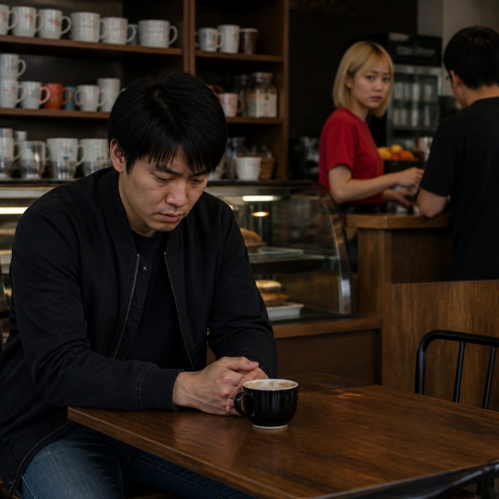 Man at coffee shop looks troubled as a staff member secretly reveals gate problems.