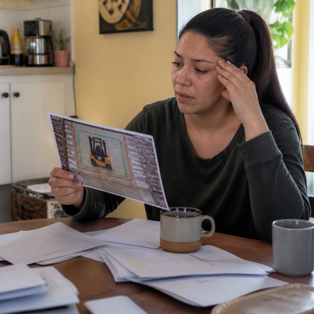 Latina woman examines a photo of a deleted forklift route map at her kitchen table.