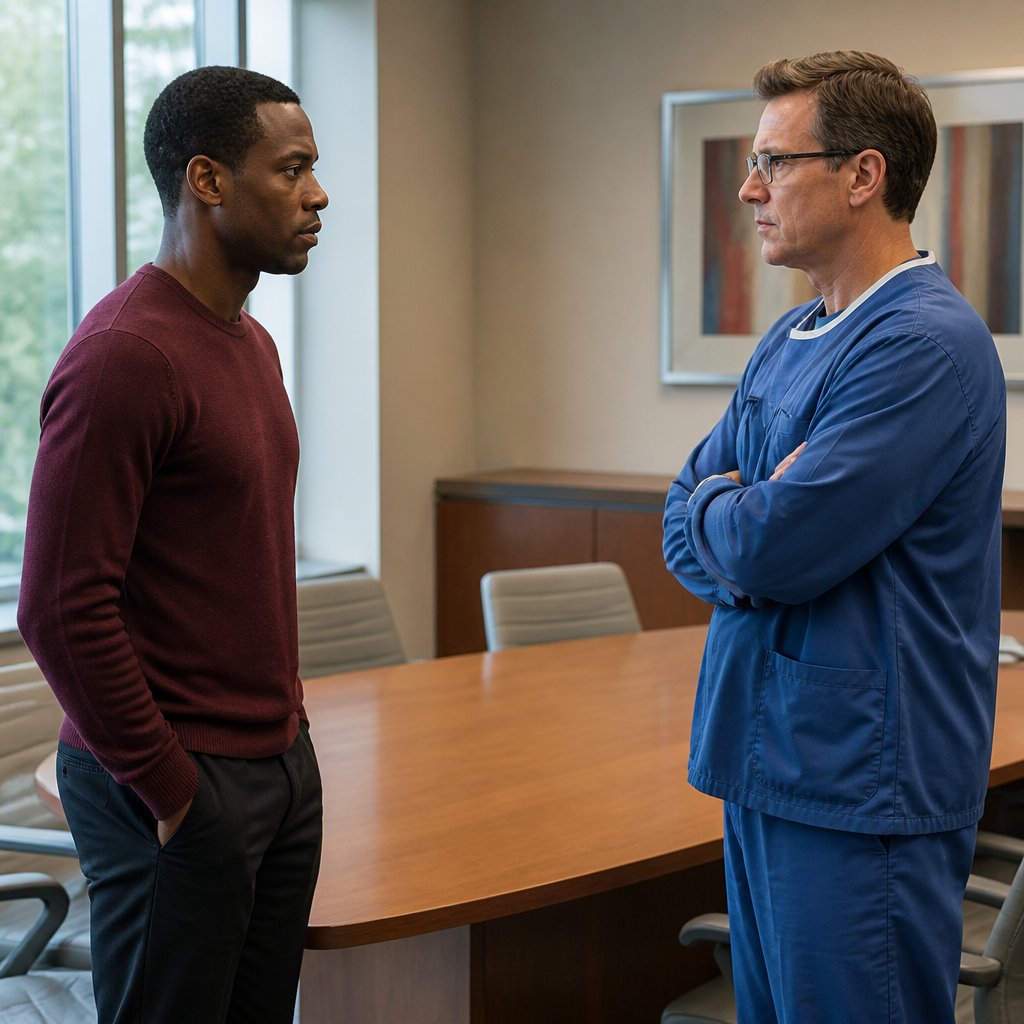 Man confronts surgeon refusing transfer in hospital meeting room