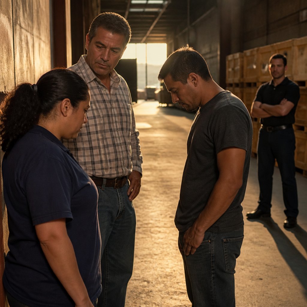 Man and coworkers whispered in warehouse hallway while security watches