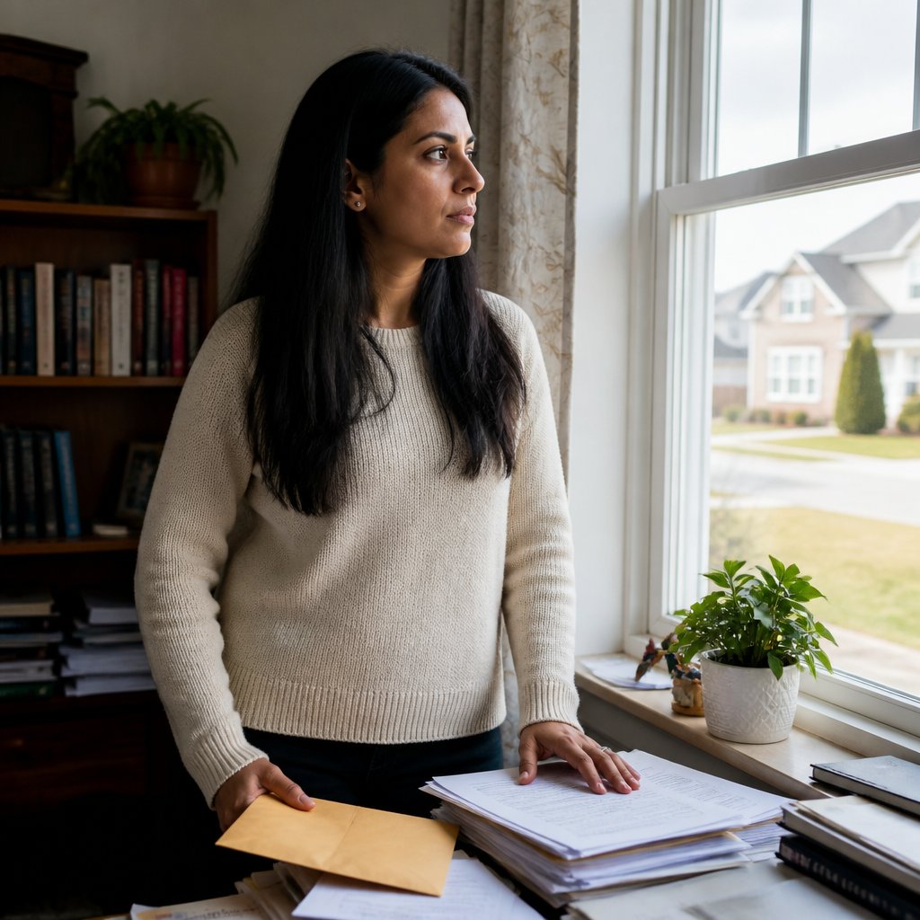 Woman standing by desk after sending certified demand letter, contemplating next steps.