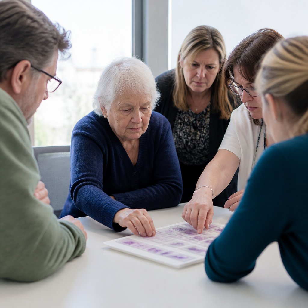 Older white woman and patient advocates reviewing pathology slides during tense meeting