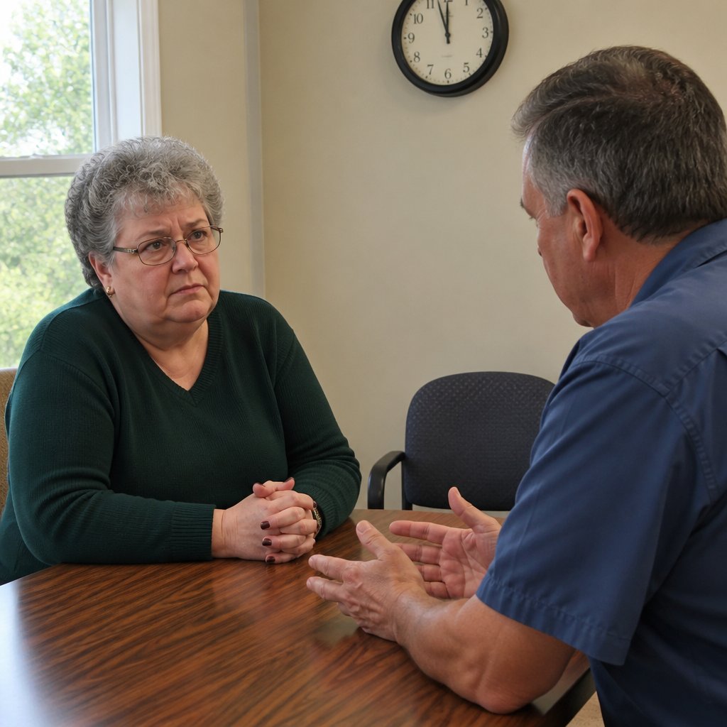 Woman confronting facilities manager about withheld chair data logs in conference room.