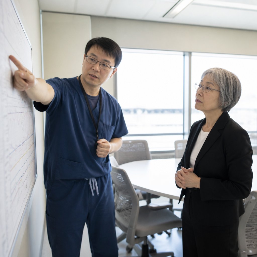 Woman consulting ICU expert reviewing sepsis treatment failures