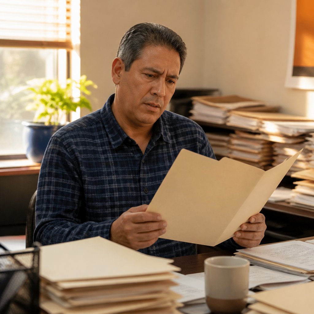 A man at his desk looking confused while viewing an empty folder on his computer, surrounded by paperwork.