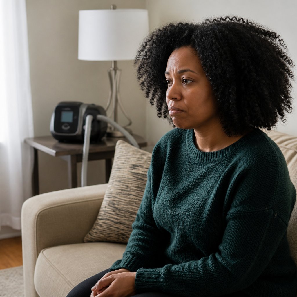 Woman sitting on couch looking frustrated with CPAP machine on table behind her.