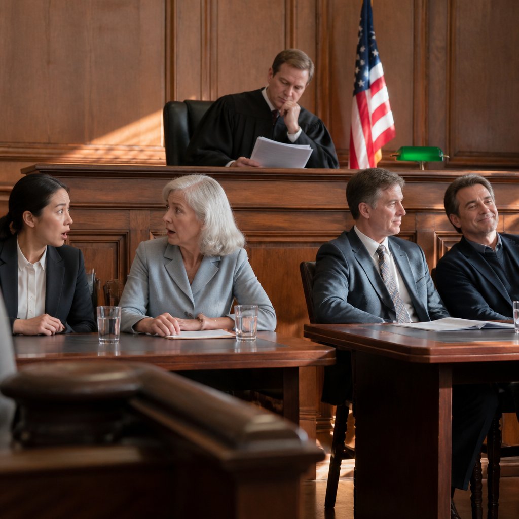 Judge reading decision while defendant's side looks surprised and plaintiff looks smug